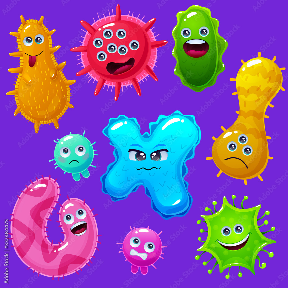Bacteria, microbes, cute germs and viruses isolated cartoon vector ...