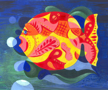 A Large Bright Sea Fish Lets Out Bubbles. Acrylic Painting, Yellow And Orange Colors On A Blue- Green Sea Background
