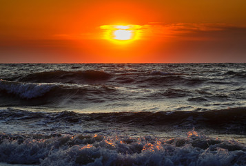 Poster - Sea waves and Beautiful dawn sunrise at sea. Seascape.