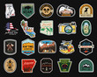Vintage camp patches logos, mountain badges set. Hand drawn stickers designs bundle. Travel expedition, backpacking labels. Outdoor hiking emblems. Logotypes collection. Stock vector.