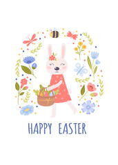 Bright happy easter greeting card with easter bunny, easter eggs