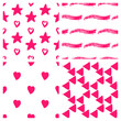 © InnaPoka - Set of 4 seamless patterns with hearts, lines, triangles stars painted in grunge style with ink. Hand drawn vector wallpapers. Bright pink backgrounds.