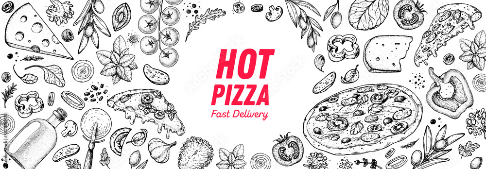 Italian pizza and ingredients. Italian food menu design template. Pizzeria menu design template. Vintage hand drawn sketch vector illustration. Engraved image. - obrazy, fototapety, plakaty 