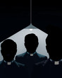 Three Catholic priests appear in shadows under a bare bulb lamp hanging behind them.