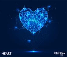 Hologram Heart. The Heart Consists Of Polygons, Triangles , Points, And Lines. The Heart Is A Low-poly Compound Structure. The Technology Concept.