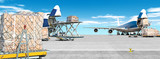 Fototapeta Zachód słońca - loading cargo airplane on airport runway ultra wide panorama landscape with freight containers and shipping packages on foreground against blue clouds sky background Airport overview with cargo planes