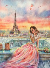 Watercolor beautiful girl sitting on the roof near the Eiffel tower. Paris France. Romantic background. Sunset in the sky, flying balloons. Vertical view, copy-space. Template for designs , card.