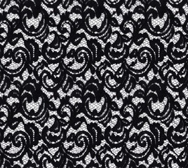 Seamless pattern in the form of an elegant black lace on a white background. Lace with floral motifs.Material for stylish graphic decoration.