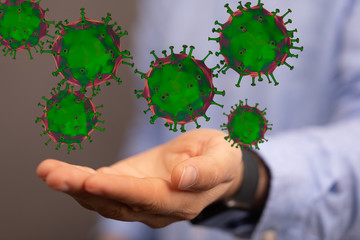 Hologram of coronavirus COVID-2019 on a protection futuristic background. Deadly type of virus 2019-nCoV. 3D models of coronavirus bacteria. Vectonic illustration in HUD style.