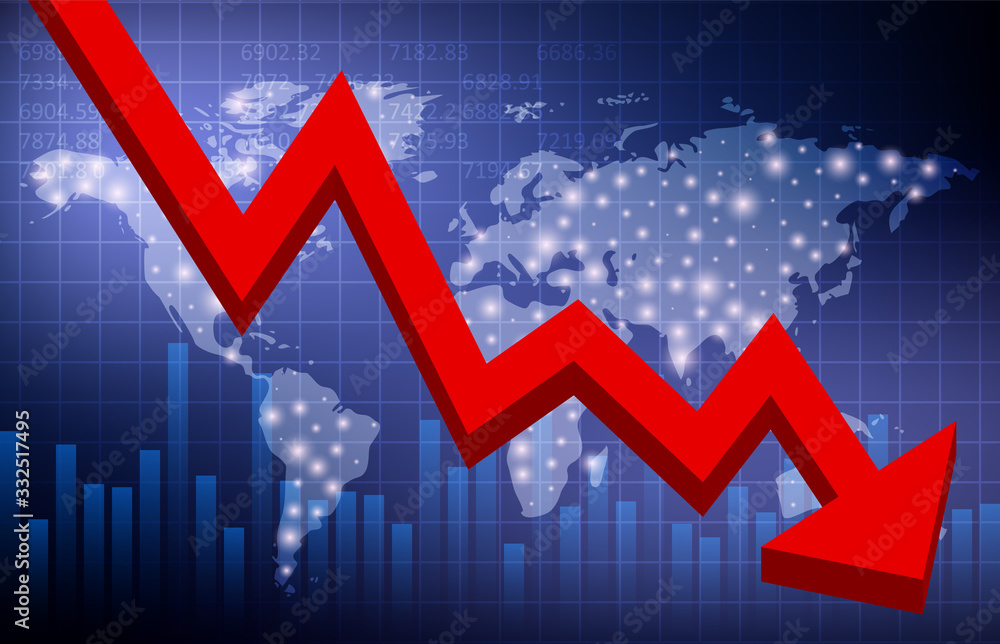 Global crisis. Falling Red Arrow Chart. World map. Vector illustration ...