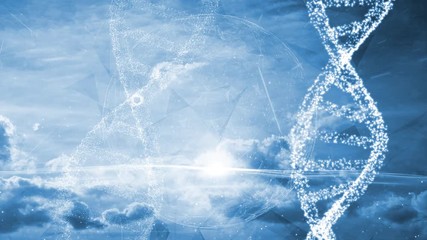 Wall Mural - corona viruses and dna cells motion on a cloudy, sky background with men behind, tipping the screen.