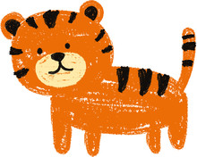Cute Tiger Hand Drawn Crayon Illustration, Vector