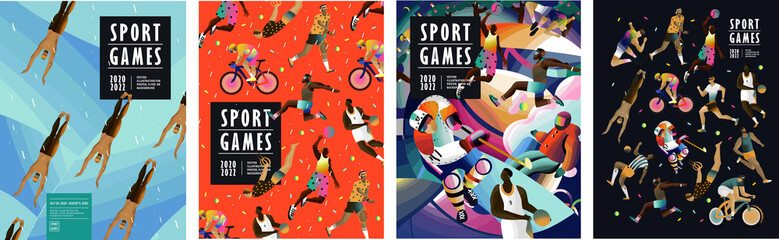 sport games! vector illustrations of athletes, swimmers, hockey player, jumper, runner, volleyball, 