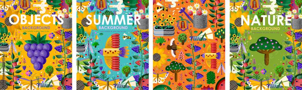 Summer time! Set posters of bright backgrounds and objects with summer flowers, juicy fruits, abstract birds, butterfly, gardening and nature. Vector illustration for banner, card, poster or postcard - obrazy, fototapety, plakaty 