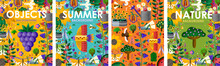 Summer Time! Set Posters Of Bright Backgrounds And Objects With Summer Flowers, Juicy Fruits, Abstract Birds, Butterfly, Gardening And Nature. Vector Illustration For Banner, Card, Poster Or Postcard