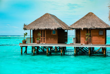 Maldives Tropical Island, Beautiful Isolated Luxury Water Bungalows Maldives In The Blue Green Ocean Of The Maldives