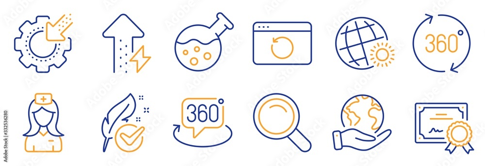 Set of Science icons, such as Energy growing, World weather. Certificate, save planet. Recovery internet, Hospital nurse, Search. 360 degrees, Seo gear, Chemistry lab. Vector - obrazy, fototapety, plakaty 