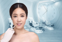 Asian Beautiful Woman Diagnose Face Skin Structure And Prepare To Inject Filler Botox By Syringe To Lifting And Treatment Skincare For Brighter Smooth Youthful, Clinic Hospital Background