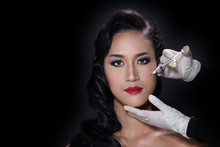 Asian Beautiful Woman Diagnose Face Skin Structure And Prepare To Inject Filler Botox By Syringe To Lifting And Treatment Skincare For Brighter Smooth Youthful, Black Background Isolated