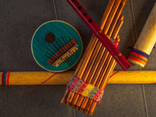 View From Above Of Handmade Instruments In Peru. Concept Of Traditional Andean Music