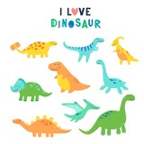Fototapeta Dinusie - Cute dinosaur set for kids, baby clipart design. Colorful dino of hand drawn style. Vector illustration of dinosaurs isolated on background.