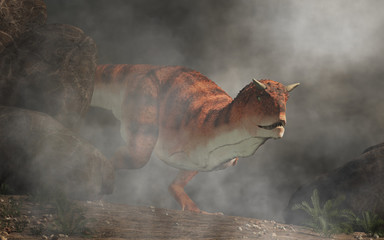 Aufkleber - Carnotaurus was a carnivorous theropod dinosaur with horns on its head that lived in Cretaceous era South America. Depicted emerging from fog. 3D Rendering 