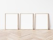 © Washdog - Three vertical wooden frame poster on wooden floor with white wall. 3 frame mock up. 3D illustration.