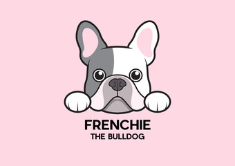 Wall Mural - A cute little frenchie is stick to the edge of the table and waiting for some foods. The blue pied French Bulldog Logo. This is Frenchie Series in portrait photo style.