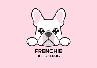 Wall Mural - A cute little frenchie is stick to the edge of the table and waiting for some foods. The white-pink French Bulldog Logo. This is Frenchie Series in portrait photo style.