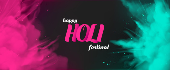 Holi powder paints empty banner template, horizontal border with pink and green color splashes on black background colorful cloud or explosion, indian festival ad. Realistic 3d vector illustration