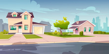 Suburban Cottages, Residential House With Garage. Vector Cartoon Illustration Of Village Mansions Facade. Summer Countryside Landscape Of With Private Buildings And Town Silhouettes On Background