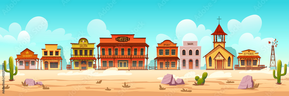 Western town with old wooden buildings. Wild west desert landscape with cactuses. Vector cartoon illustration of wild west city street with catholic church, saloon, sheriff office, bank and hotel - obrazy, fototapety, plakaty 