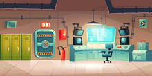 Underground Bunker Interior With Lockers, Control Panel With Monitors, Armored Door. Vector Cartoon Illustration Of Bomb Shelter For Survival Under Nuclear War. Secret Science Base Or Lab