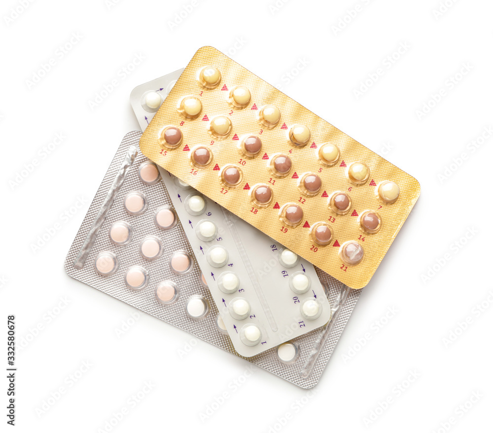 Contraceptive pills on white background