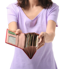 Poster - Young woman with wallet on white background