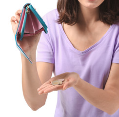 Poster - Young woman with empty wallet on white background