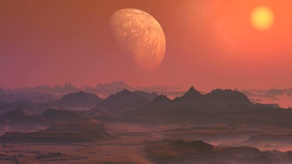 Wall Mural - Misty Alien Planet. The rocky desert is covered with thick pink fog. A huge planet (moon) is slowly approaching. Bright yellow sun slowly sets. 