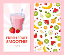 Fresh Fruit Smoothie Menu Card Template With Ripe Fruits Seamless Pattern Vector Illustration