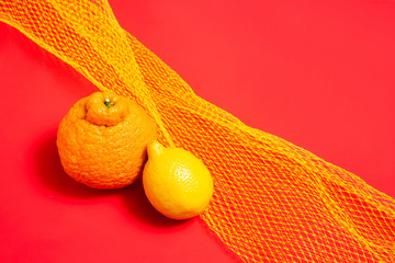 Lemon and mandarin citrus fruits with yellow mesh packaging on red background