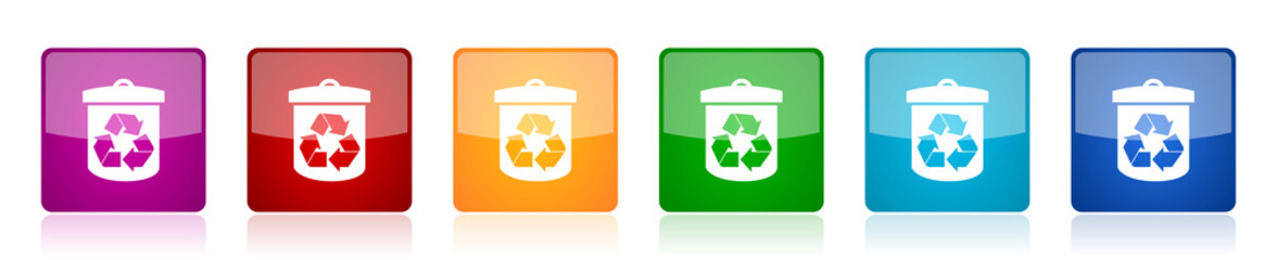 Fototapete - Recycle icon set, colorful square glossy vector illustrations in 6 options for web design and mobile applications