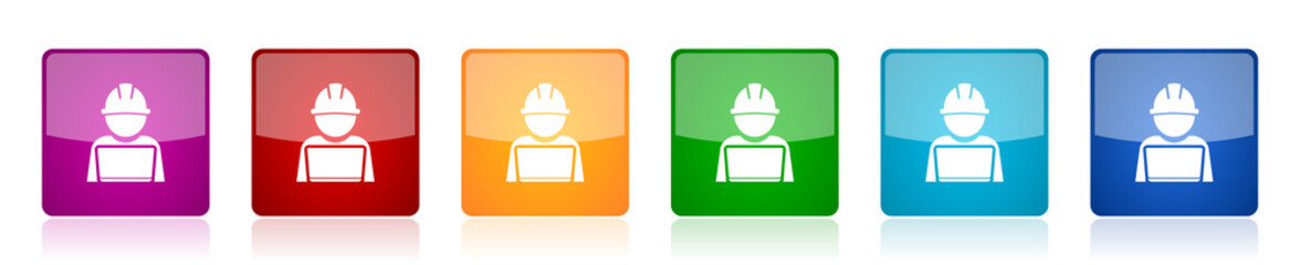 Aufkleber - Engineer with laptop icon set, worker, manager colorful square glossy vector illustrations in 6 options for web design and mobile applications