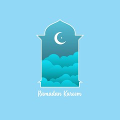 Ramadan Kareem greeting card. Violet paper cut clouds on night sky with crescent and stars. Window silhouette isolated on w arabian traditional lanterns. Vector illustration.