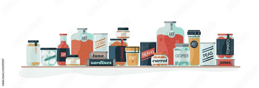 Different types of cartoon glass and cans with pickled vegetables banner isolated on white. Red tomato juice, jam, homemade preserves and various canned food on shelf vector flat illustration - obrazy, fototapety, plakaty 