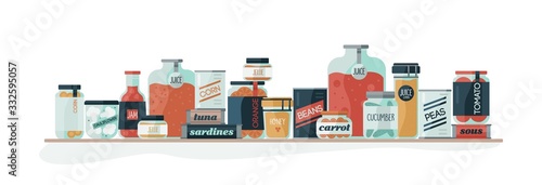 Different types of cartoon glass and cans with pickled vegetables banner isolated on white Poster Mural XXL