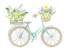 Bicycle, Wooden Box With Spring Flowers, Wicker, Basket With Flowers And Leaves. Spring, Concept On An Isolated Background, Watercolor Drawing.