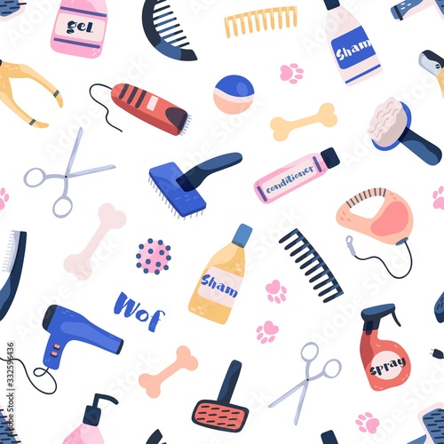Plakat Grooming equipment for pet care salon seamless pattern. Various tools for bath, wash, cut, dry during caring of domestic animal on white background. Different items for coat at dog and cat saloon