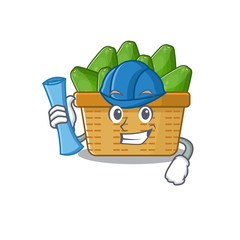 Canvas Print - Smiling Architect of avocado fruit basket having blue prints and blue helmet