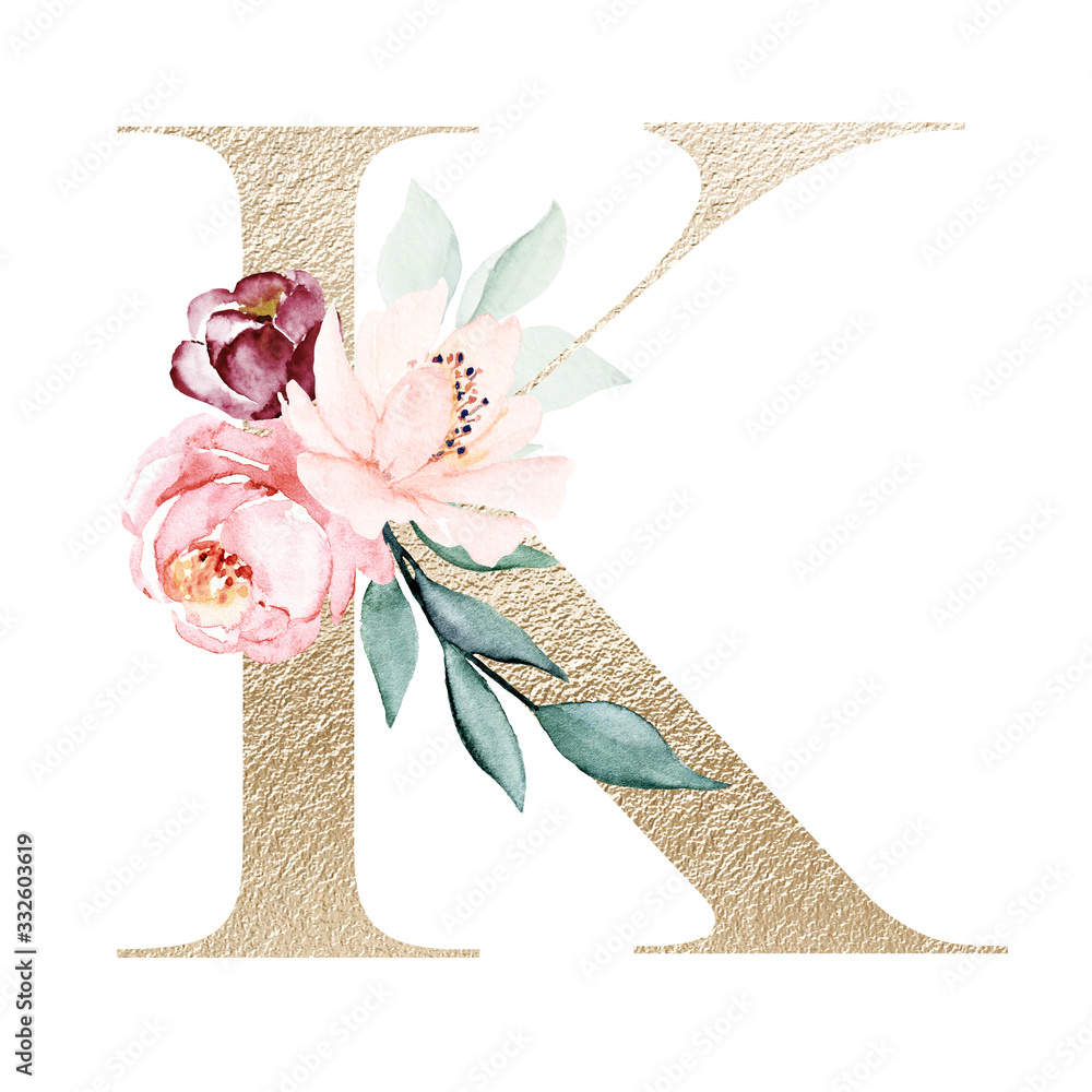 Gold letter k with watercolor flowers and leaves hand painting ...