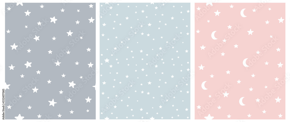Tiny Stars Vector Patterns. Irregular Hand Drawn Simple Starry Sky Print for Fabric, Textile, Wrapping Paper. Infantile Style Galaxy Design. Little Stars Isolated on a Gray, Blue and Pastel Pink.  - obrazy, fototapety, plakaty 