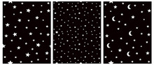 Tiny Stars Vector Patterns. Irregular Hand Drawn Simple Starry Sky Print For Fabric, Textile, Wrapping Paper. Infantile Style Galaxy Design. Little White Stars And Moon Isolated On A Black Background.